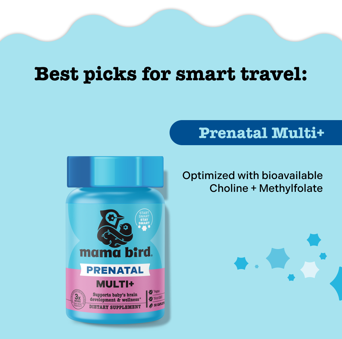 Best picks for smart travel:  Mama Bird Prenatal  Optimized with bioavailable Choline + Methylfolate