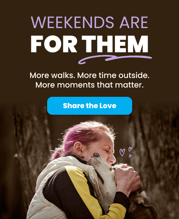 Title reads "weekends are for them" with an image of woman lovingly embracing dog outside