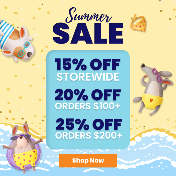 dogs on beach with blue box and tiered sale