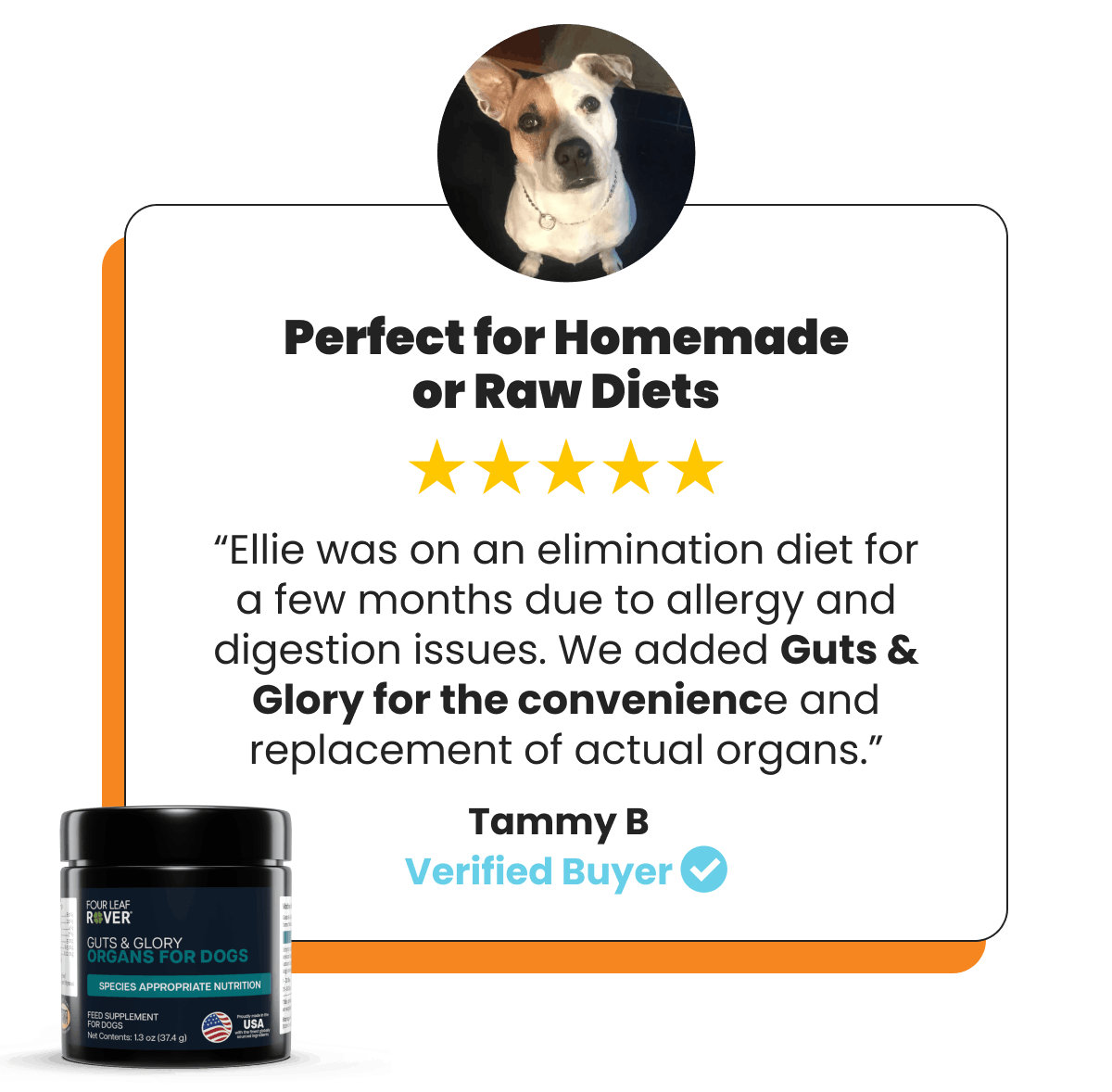 Testimonial featuring a 5-star review for Guts & Glory