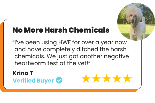 no more harsh chemicals testimonial box with white dog