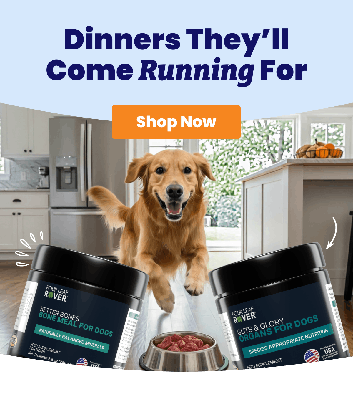 Dog running towards bowl of raw dog food with jars of Better Bones and Guts & Glory popping up from the bottom of image.