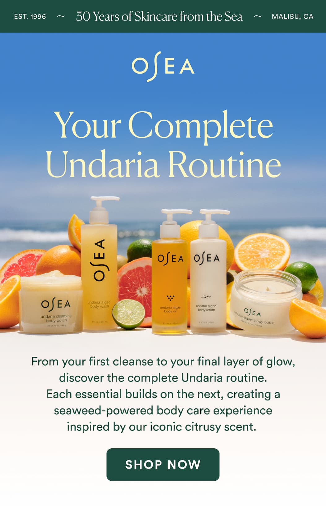 From your first cleanse to your final layer of fragrance, discover the complete Undaria routine. Each essential builds on the next, creating a seaweed-powered body care experience inspired by our iconic citrusy scent.&nbsp;