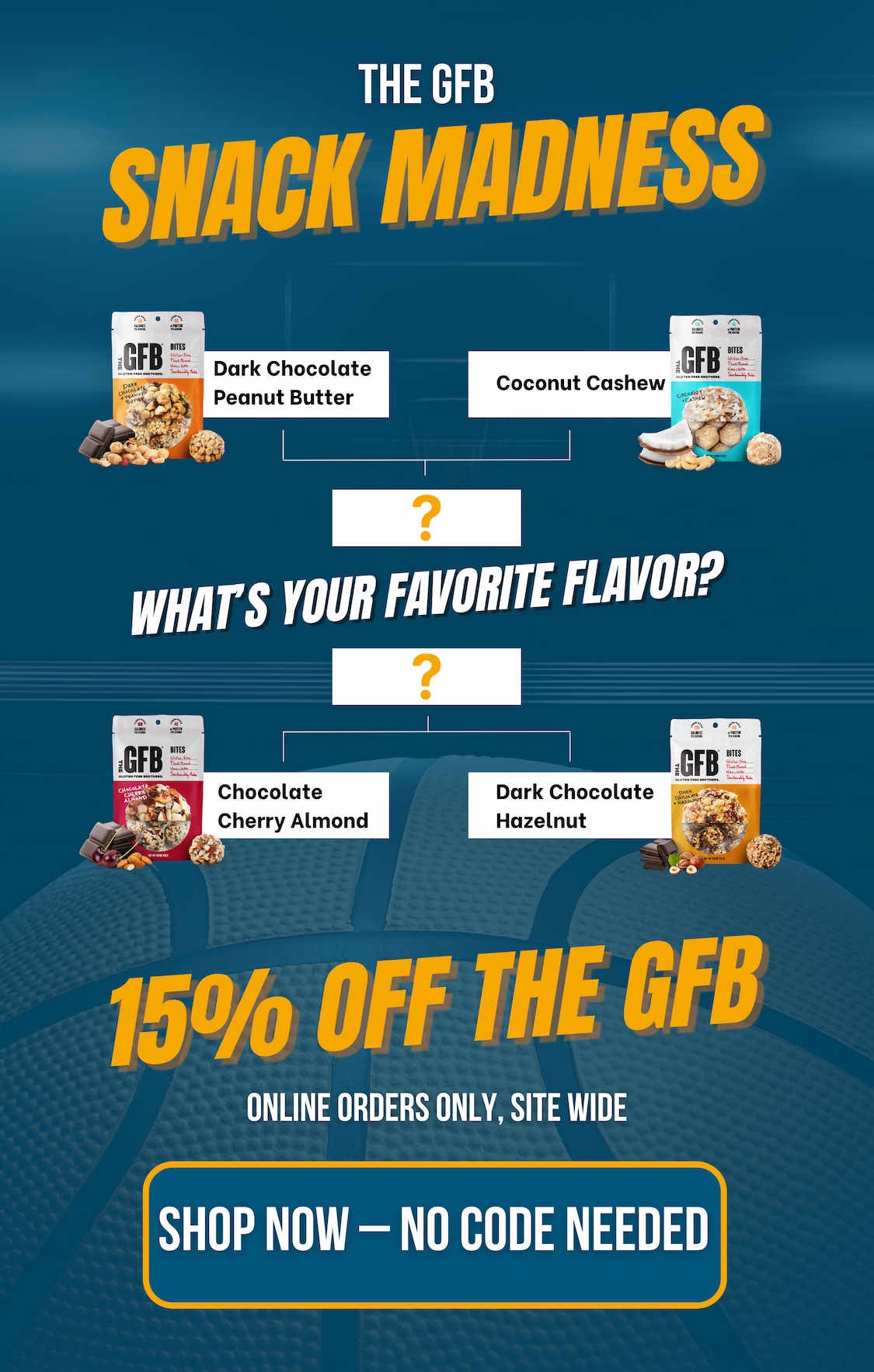 A "Game Day" bracket for GFB flavors, offering 15% off.