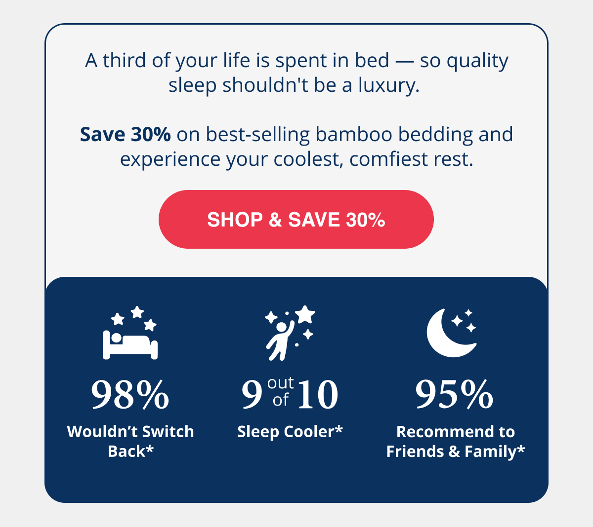 Save 30% on best-selling bamboo bedding and experience your coolest, comfiest rest.
