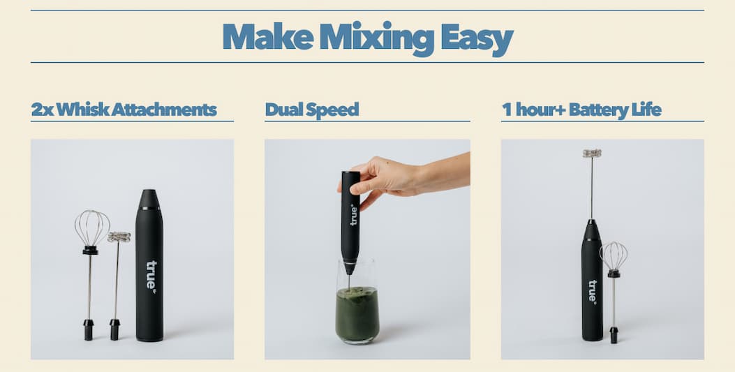 Make mixing easy → Dual speed → 1 hour+ battery life → Includes 2 x whisk attachments