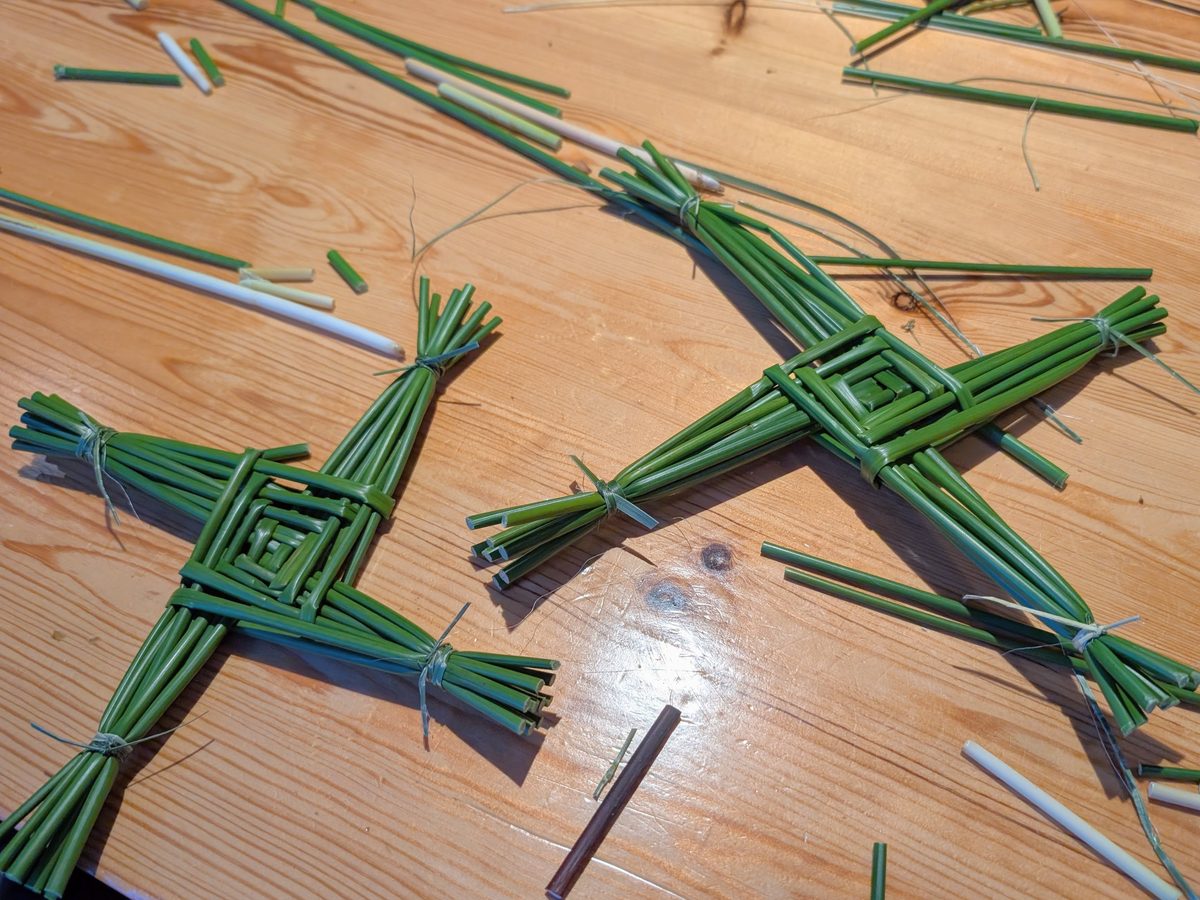 Freshly woven St Brigid's crosses made from rushes