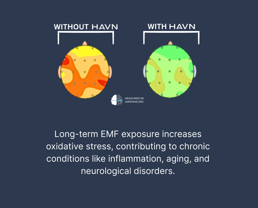 Long-term EMF exposure increases oxidative stress, contributing to chronic conditions like inflammation, aging, and neurological disorders.
