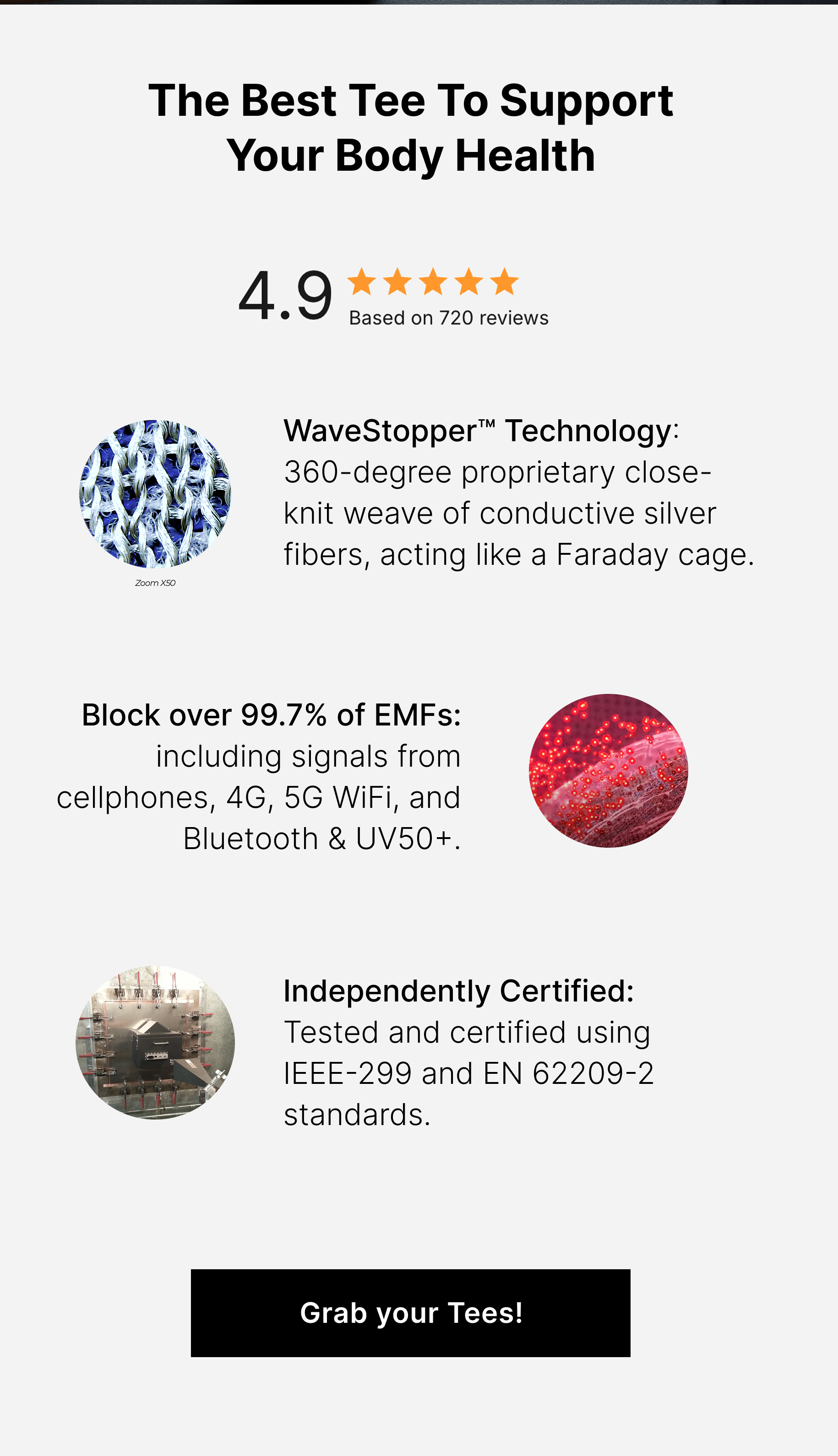 WaveStopper™ Technology: 360-degree proprietary close-knit weave of conductive silver fibers, acting like a Faraday cage.