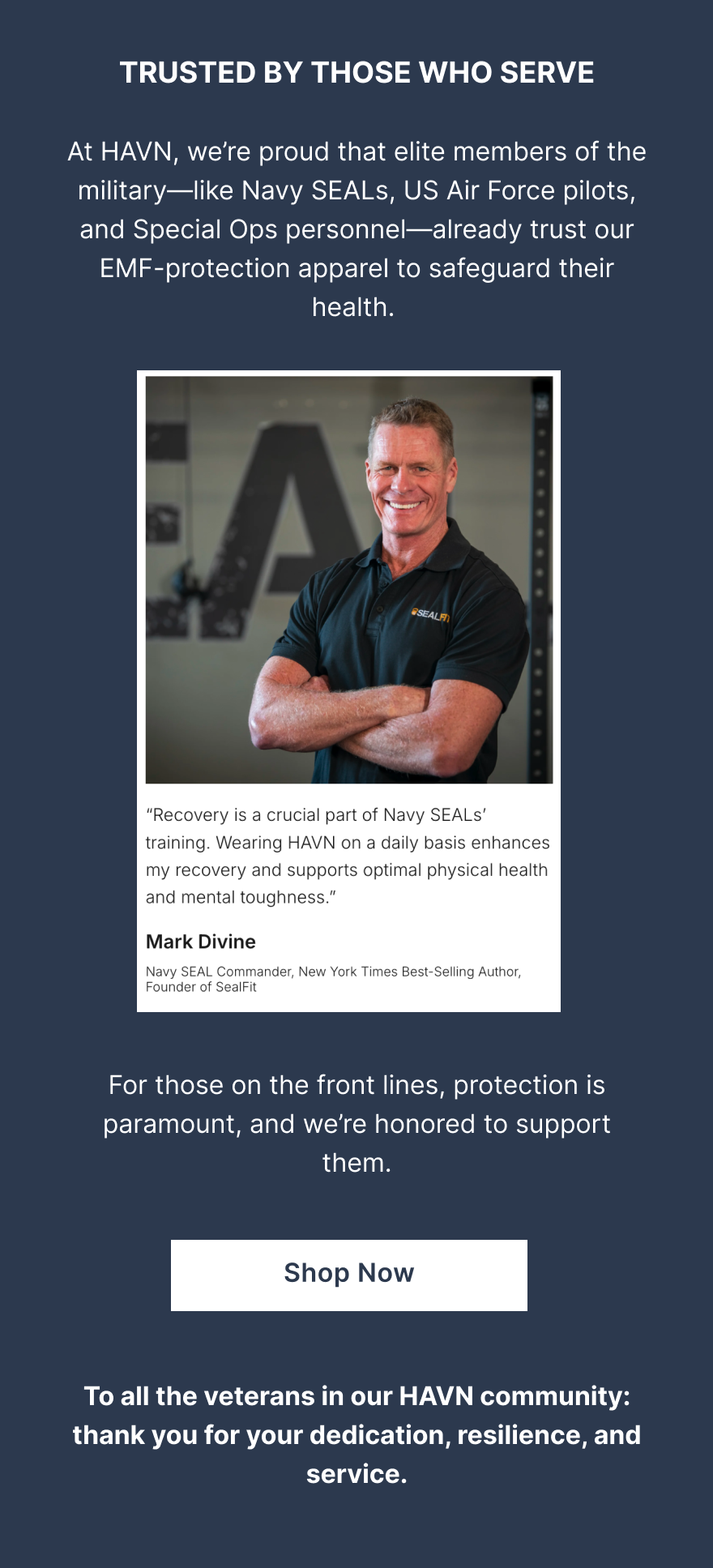 HAVN is actively developing flight-ready protective solutions for the U.S. Air Force to safeguard the performance, recovery, and long-term health of America's elite pilots and personnel.