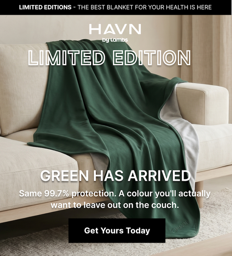 Our best-selling blanket just dropped in a deep, calming green — easily the most beautiful one we've ever made. Same 99.7% protection. A colour you'll actually want to leave out on the couch.