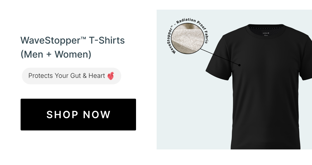 Studies show EMF radiation affects heart rate variability, gut microbiome, and thyroid function. Our specialized shirts and hoodies create a 360° protective field around your vital organs, blocking 99% of radiation from cell phones, WiFi, and 5G.