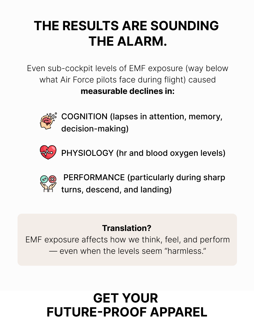 What the Department of Defense found is game-changing: Even sub-cockpit levels of RF exposure (way below what Air Force pilots face during flight) caused measurable declines in: 	•	Attention and memory 	•	Decision-making abilities 	•	Heart rate variability 	•	Blood oxygen levels
