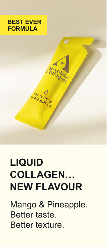 Liquid collagen... new flavour. Mango & Pineapple. Better taste. Better texture.