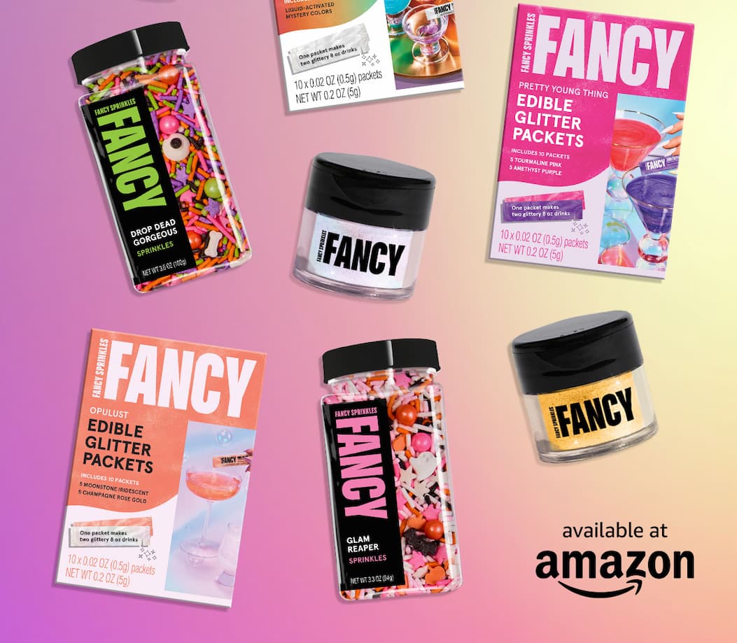 A sampling of Fancy's products, everyday and seasonal Halloween, are shown on a gradient background.
