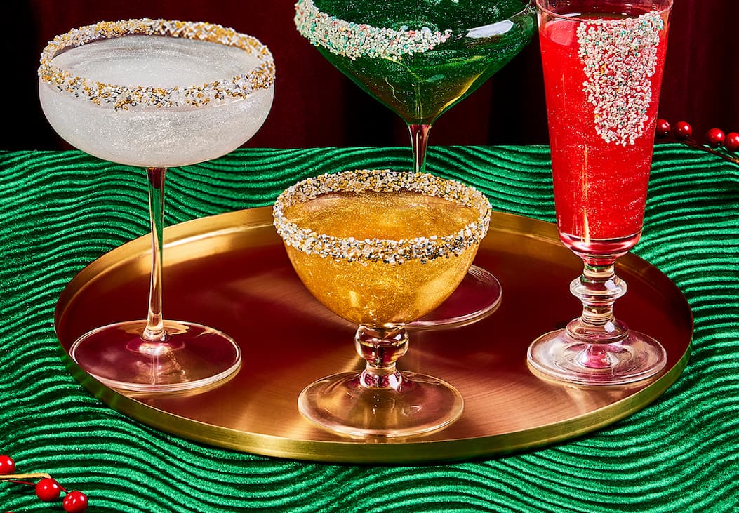 A tray of festive glittery drinks
