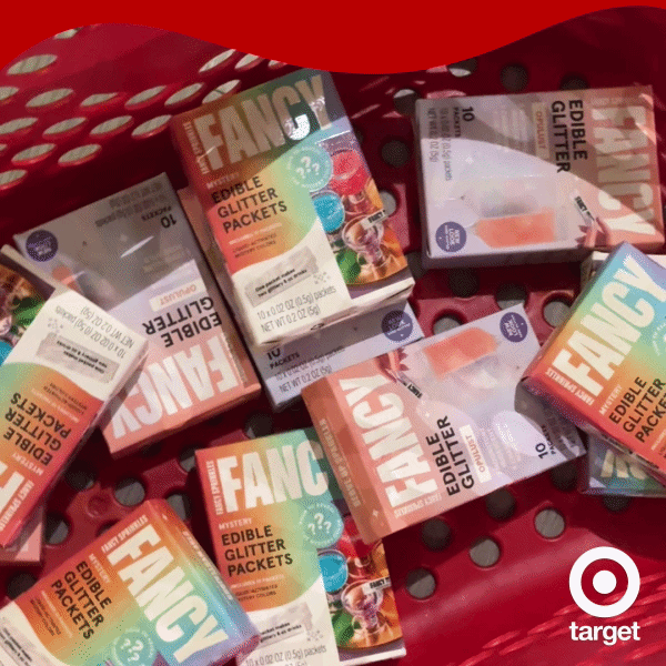 Target's iconic red shopping basket full of FANCY edible glitter for drinks.