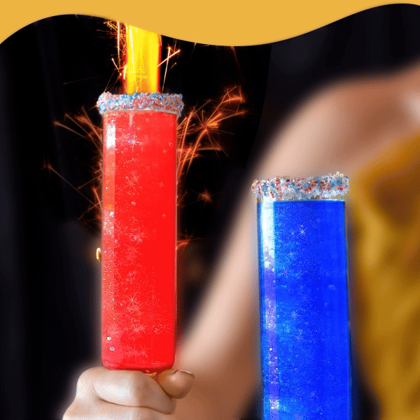 A set of sparkling glasses with red and blue glitter