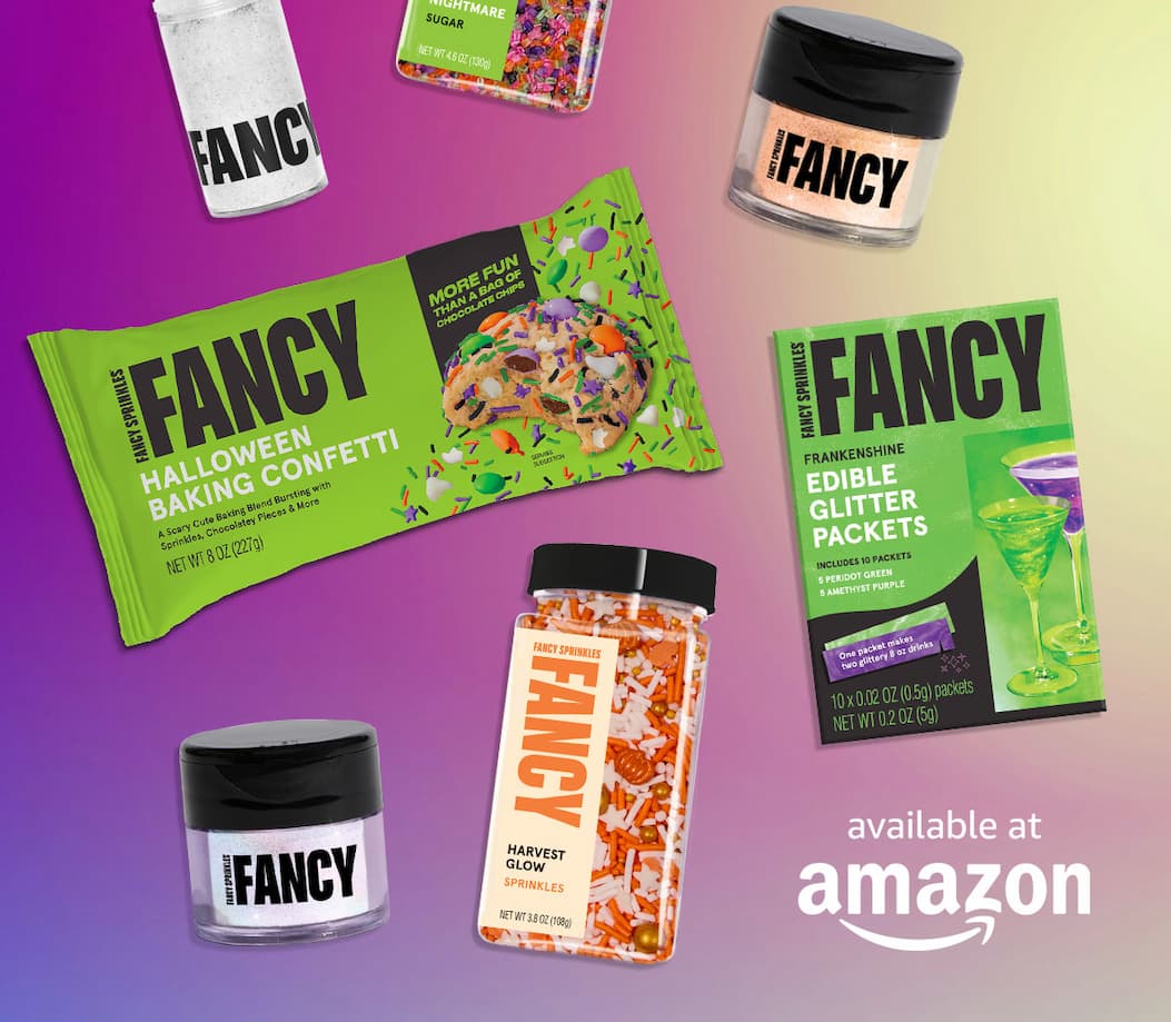 A sampling of Fancy's products, everyday and seasonal Halloween, are shown on a gradient background.