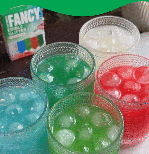 Festive drinks glittery drinks swirl, decorated with our Holiday Mystery Edible Glitter Packets