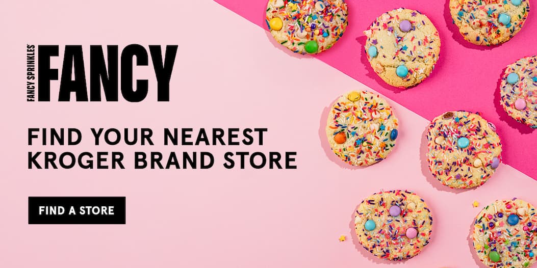 Next to an arrangement of baking confetti cookies, text says: Click to find your nearest Kroger Brand Store.