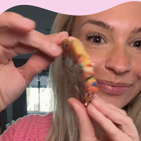 A looping gif of Fancy's founder Lisa baking and tasting yummy cookies with our new product Baking Confetti! 