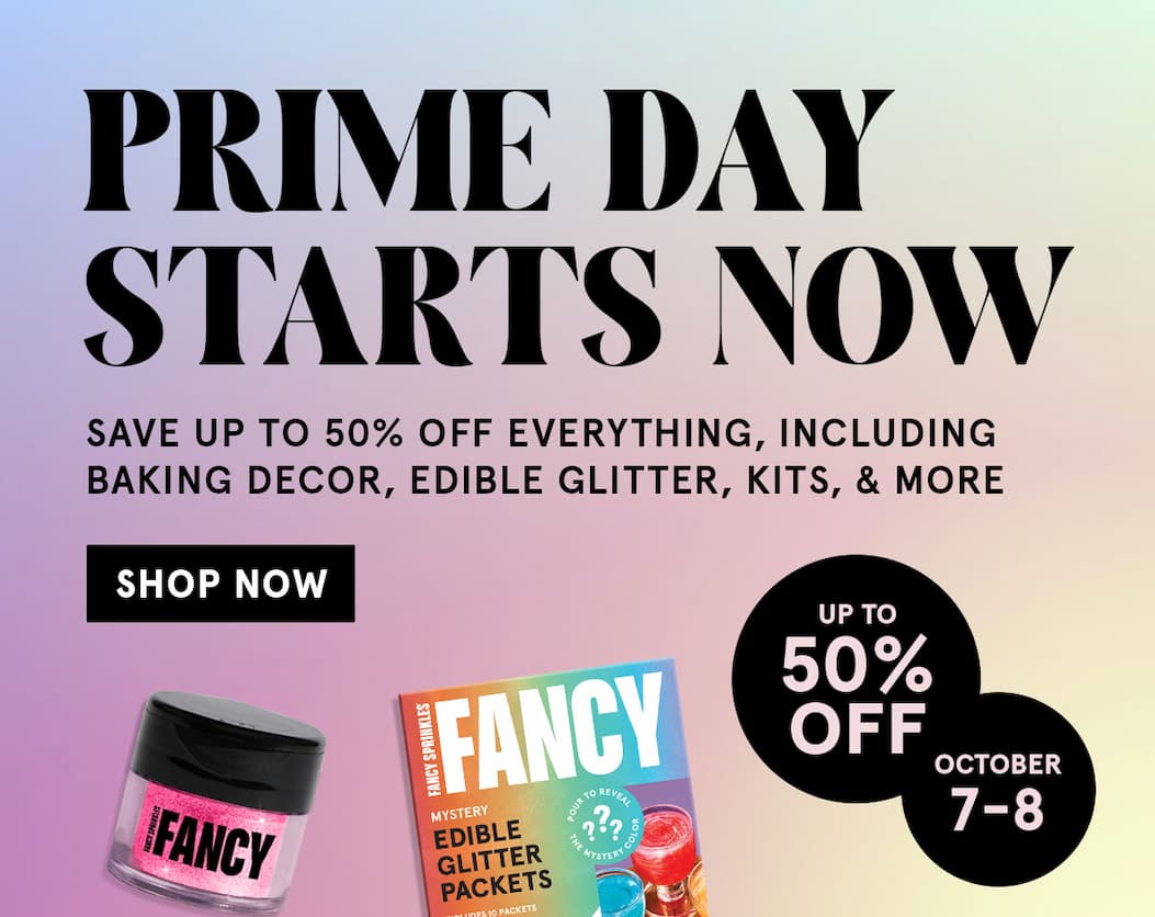 PRIME DAY STARTS NOW, is written in big capital letters. Text invites you to save up to 50% off everything, including baking decor, edible glitter, kits & more. Click to shop now! 