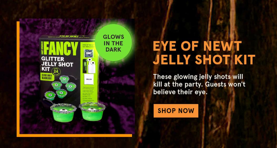 A photo of the Glitter Jelly Shot Kit packaging, with a callout that it glows in the dark! Shop now