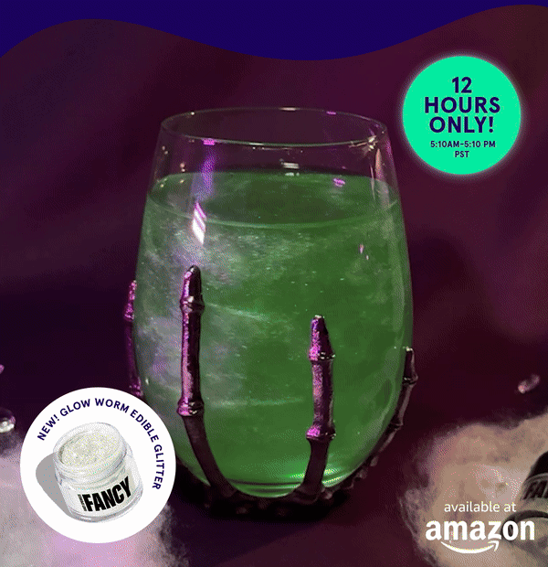 A gif of the glow worm glitter in action, glowing neon green under black light. There is a callout that says 12 hours only. 