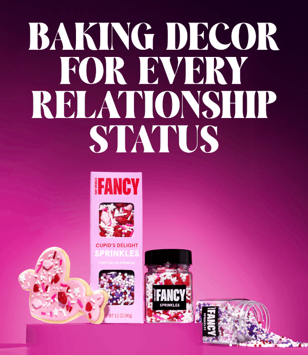 Text says Baking decor for every relationship status as a gif shows different new Valentine's themed products. 