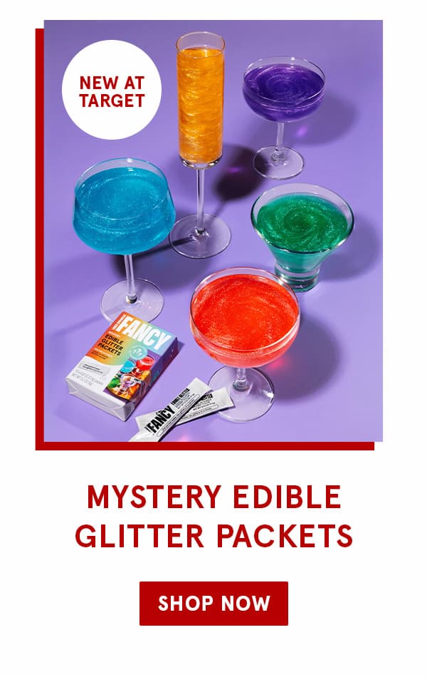 Glittery drinks in bright colors, with text: Shop Mystery Edible Glitter Packets, New at Target