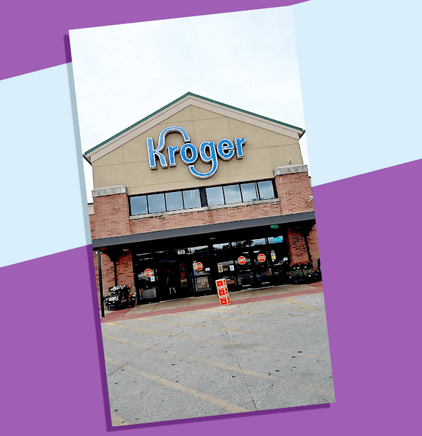 A gif with snapshots of shopping at Kroger. The exterior, shelves with Baking Confetti, bags added to a basket, and a thank you for shopping at Kroger sign! 