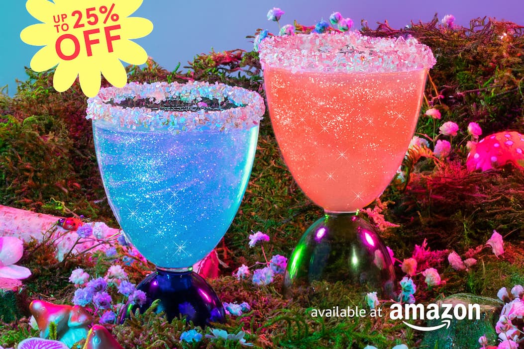 sparkly blue and red drinks, a butterfly, and a basket of easter eggs