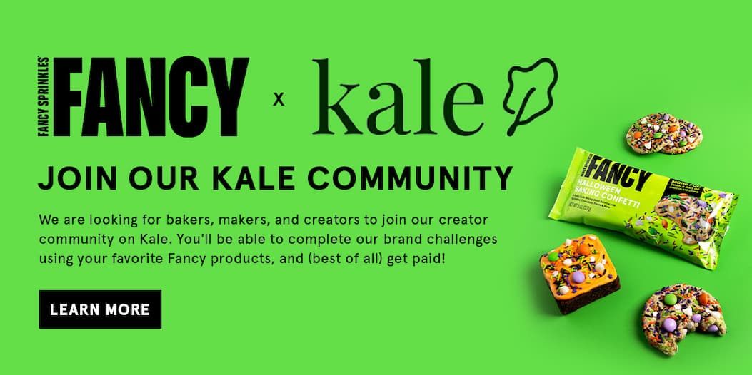 A bright green background behind text that invites you to join our Kale community! Click to learn more