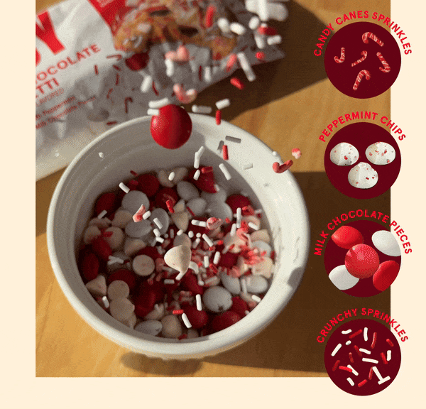 A gif showing our new peppermint chocolate baking confetti in action! On the right of the gif, you can see the different baking decor we included in each festive bag. 