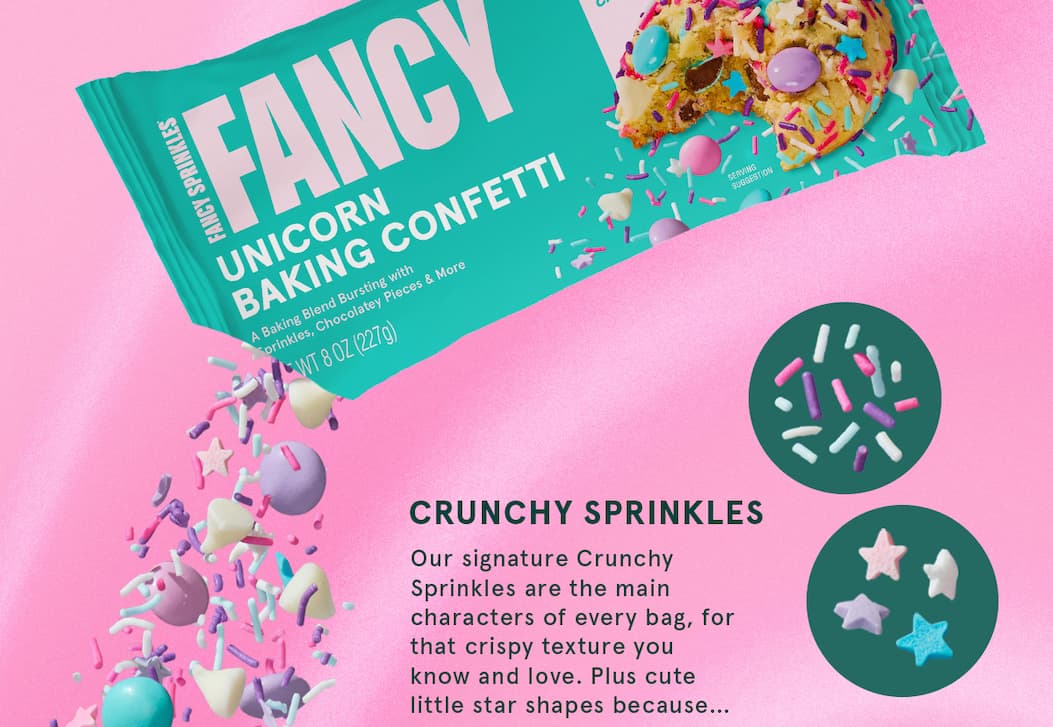 An image of Fancy baking confetti and a few descriptions of what goes into each bag. 