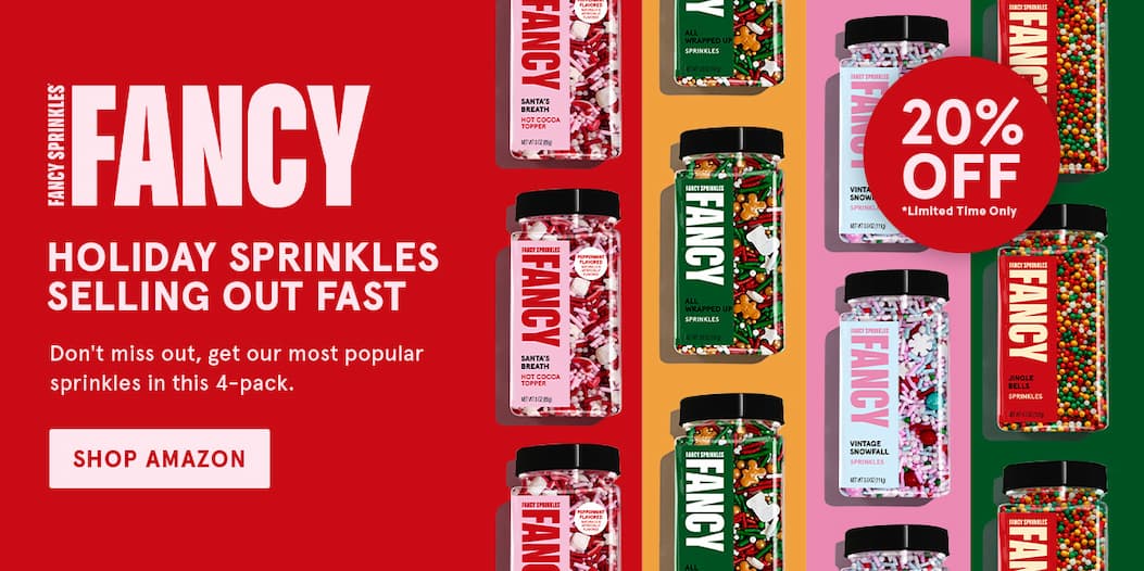 Holiday Sprinkles are selling out fast! Don't miss out, get our most popular sprinkles in this 4-pack. 20% off for a limited time. Image shows Santa's Breath, All Wrapped Up, Vintage Snowfall, and Jingle Bells sprinkle jars.