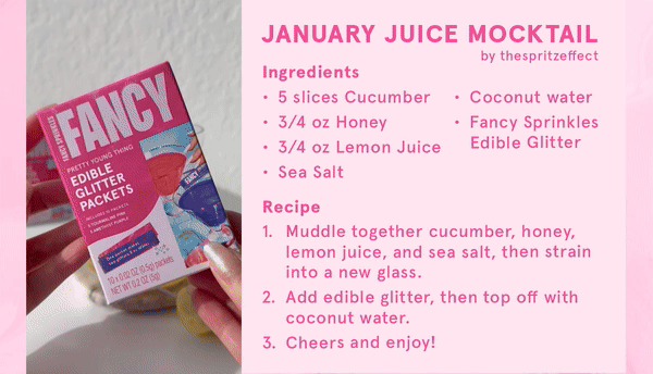 A glittery electrolyte mocktail recipe next to a gif of it being made. 