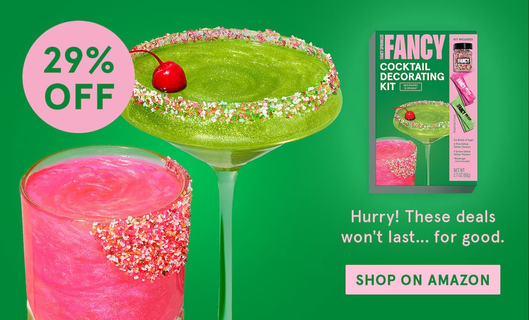 Two glittery mocktails, one in green and one in pink, now 29% off at amazon. But it won't be on sale ... for good.