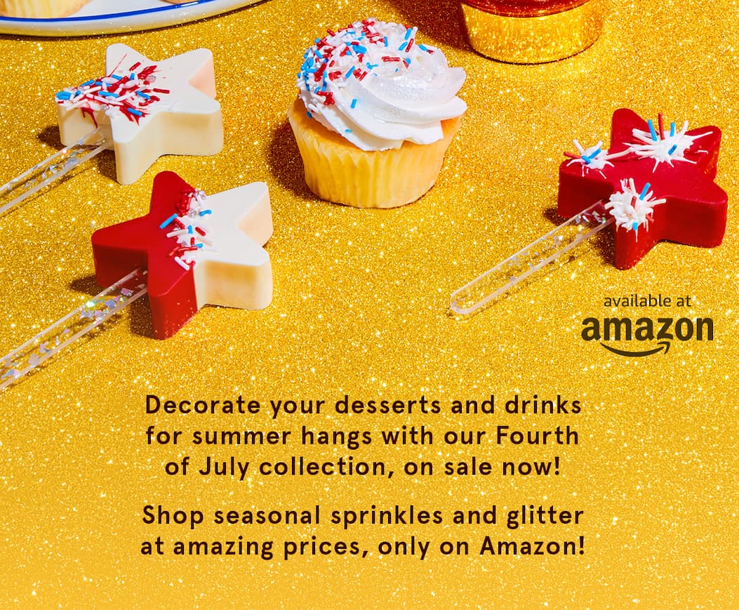 A picture of red white and blue cupcakes, cake pops, and drinks, all decorated with FANCY products. Shop the sale on Amazon!