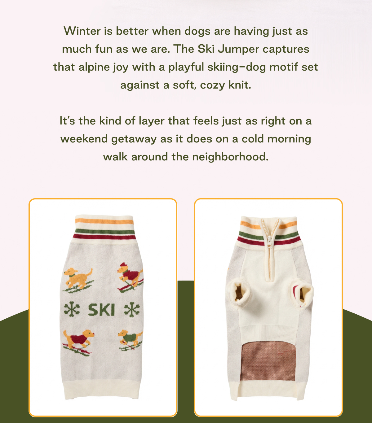 A playful skiing-dog motif set against a soft, cozy knit.