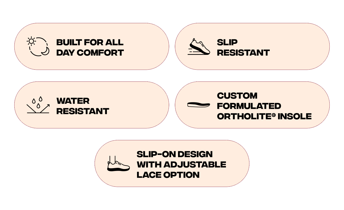 - Built for all day comfort⁣⁣⁣ - Slip resistant - Water resistant Custom formulated Ortholite® insole Slip-on design with adjustable lace option