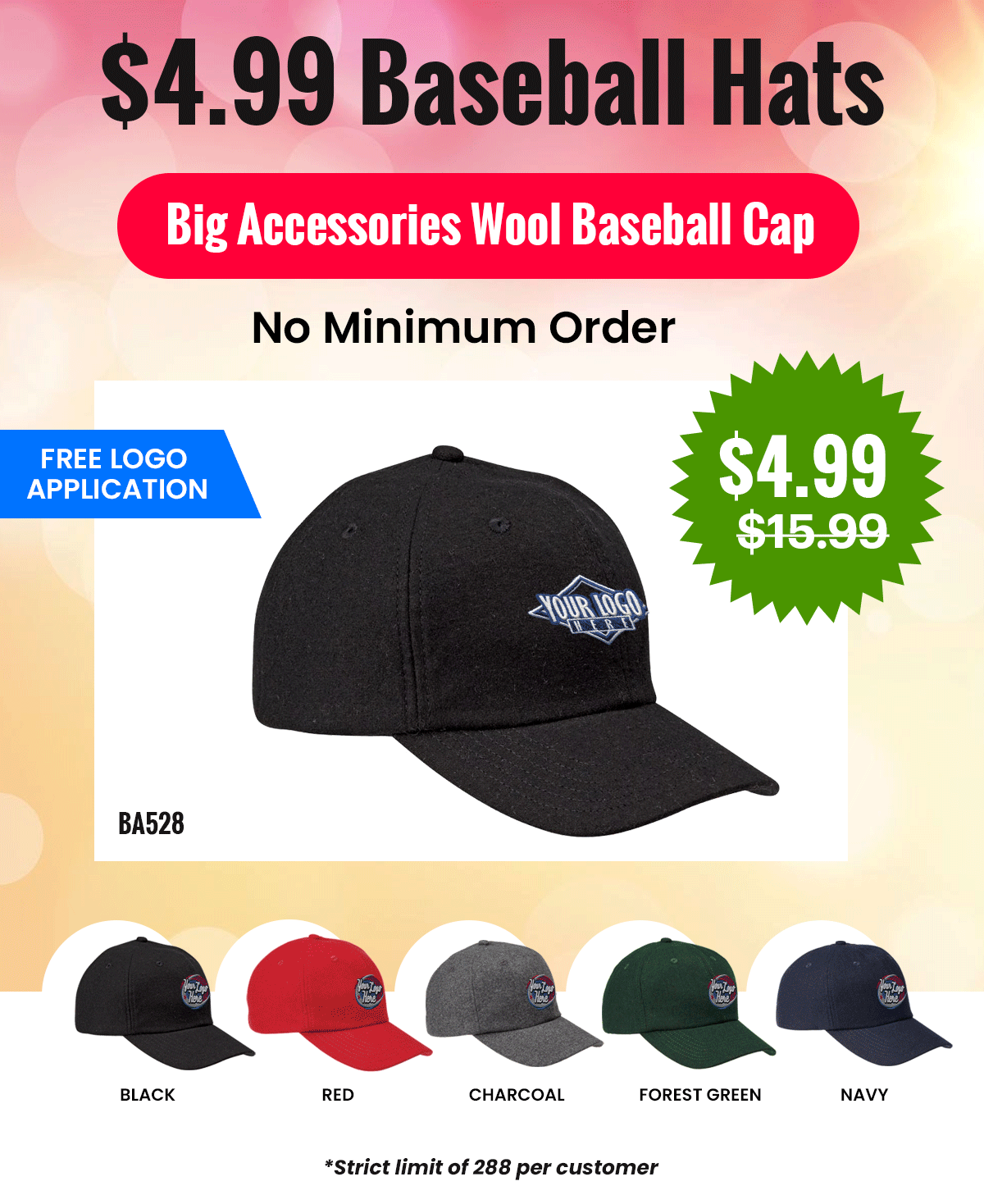4.99 Baseball Hats I No Min Order Logo Up