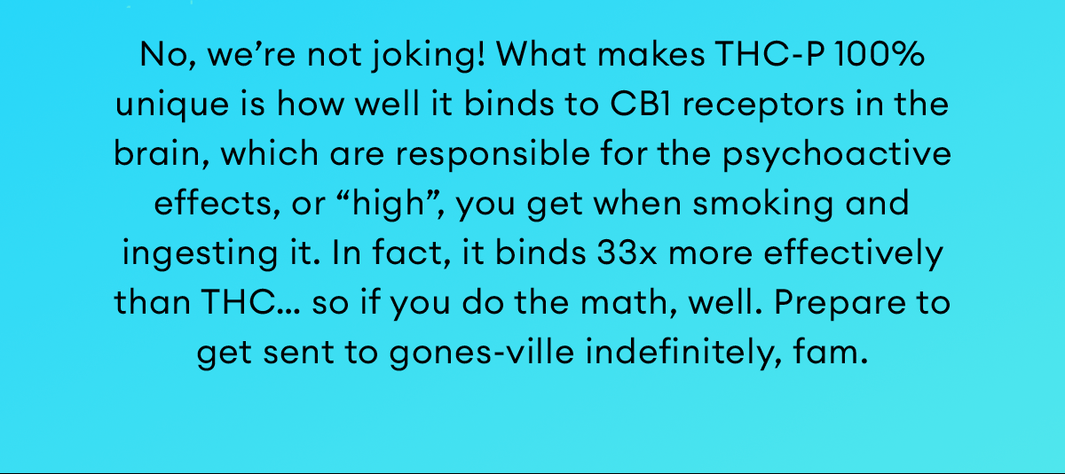 No, we’re not joking! What makes THC-P 100% unique is how well it binds to CB1 receptors in the brain, which are responsible for the psychoactive effects, or “high”, you get when smoking and ingesting it. In fact, it binds 33x more effectively than THC… so if you do the math, well. Prepare to get sent to gones-ville indefinitely, fam.