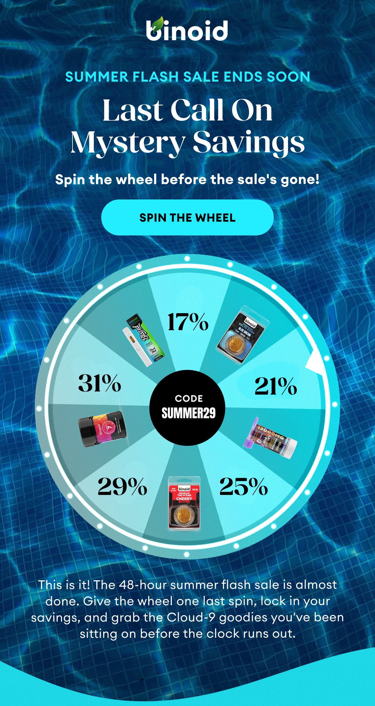 binoid | Summer Flash Sale Ends Soon | Last Call On Mystery Savings | Spin the wheel before the sale's gone! | Spin the Wheel | 17% / 21% / 25% / 29% / 31%. Wheel resolves on 29% | This is it! The 48-hour summer flash sale is almost done. Give the wheel one last spin, lock in your savings, and grab the Cloud-9 goodies you've been sitting on before the clock runs out.