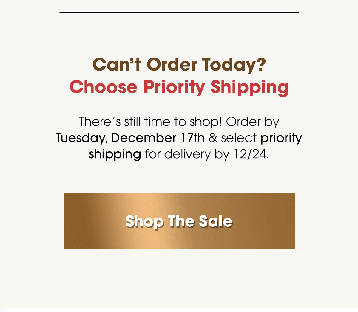Can't Order Today? Choose Priority Shipping. There’s still time to shop! Order by Tuesday, December 17th & select priority shipping for delivery by 12/24. Shop The Sale.