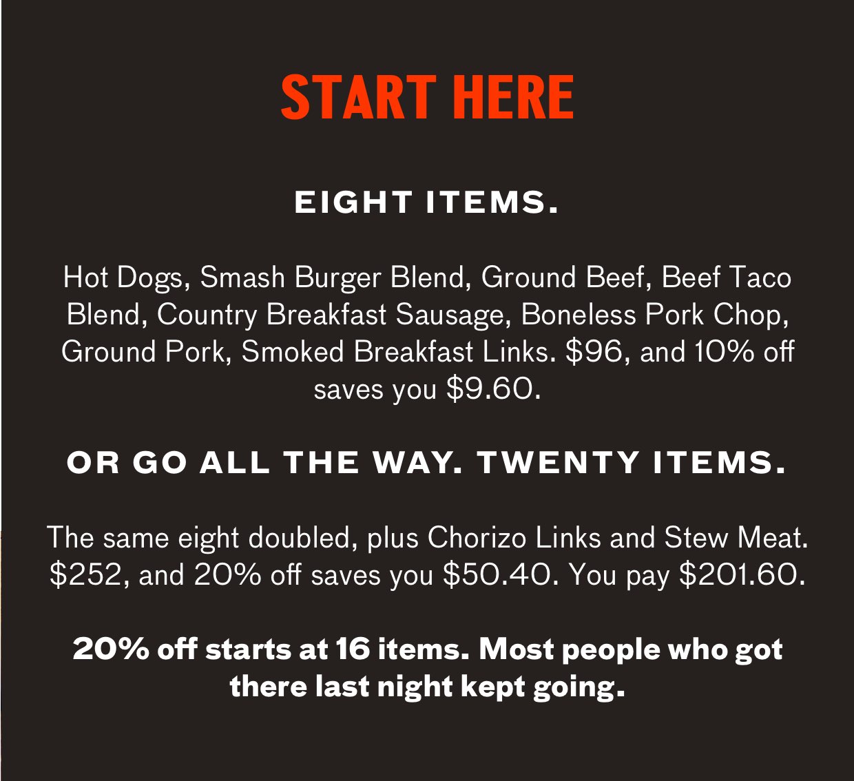 A real 8 item cart: ground beef, ground pork, breakfast sausage, pork bacon ends, chorizo links, beef taco blend, 1/3 burger patties