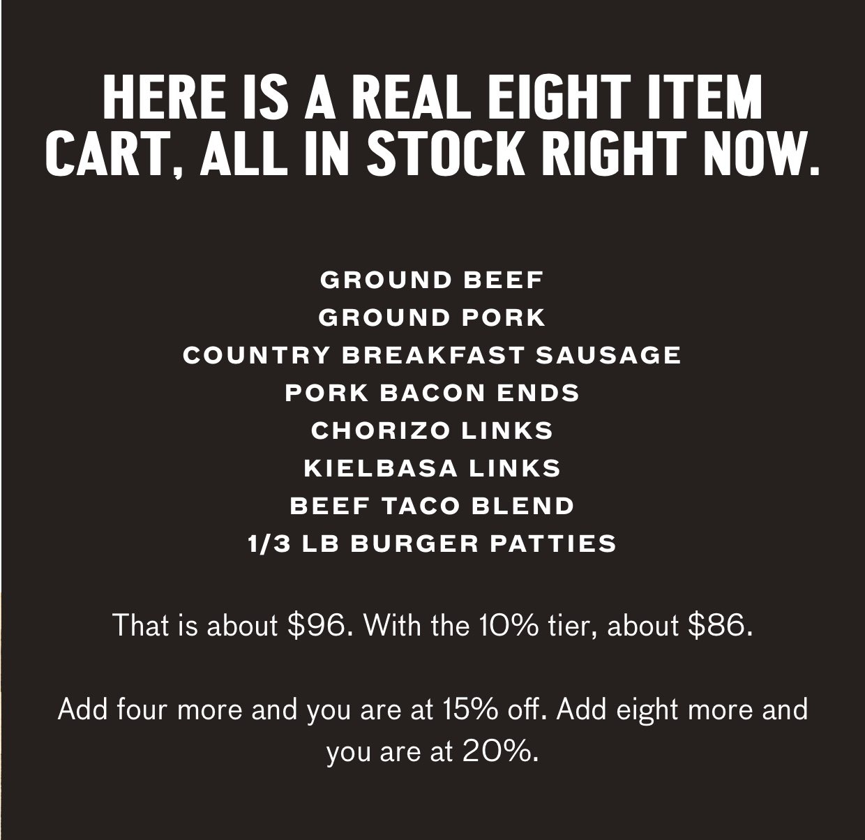 A real 8 item cart: ground beef, ground pork, breakfast sausage, pork bacon ends, chorizo links, beef taco blend, 1/3 burger patties