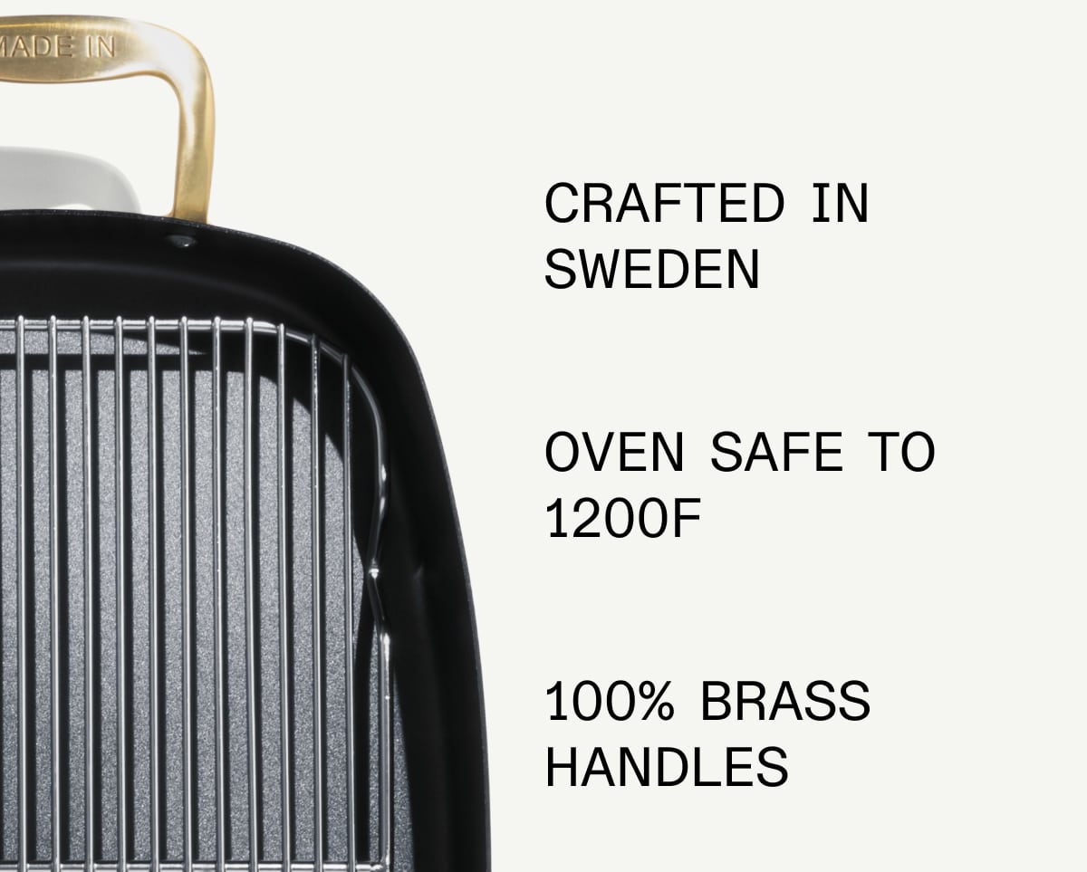 crafted In Sweden Oven Safe to 1200F 100% Brass Handles removable stainless steel  roasting rack Naturally Non Stick Pre-Seasoned wiTH shea nut + coconut oil crafted In Sweden Oven Safe to 1200F 100% Brass Handles removable stainless steel  roasting rack Naturally Non Stick Pre-Seasoned wiTH shea nut + coconut oil