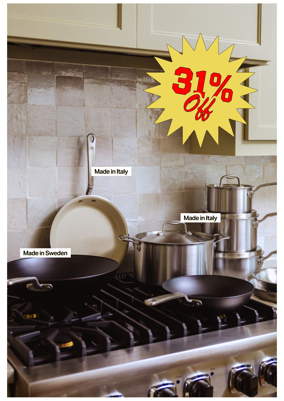 28% Off. Image of Cookware. Made in Italy and Sweden. 